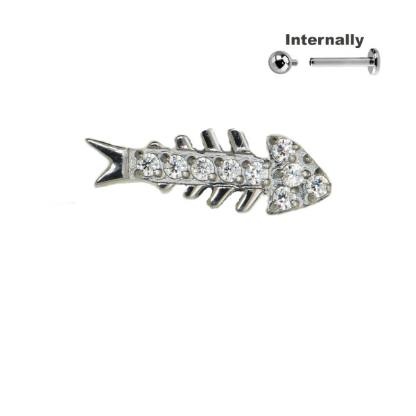 Fish Bone CZ Stones Top for Internally Threaded Labret