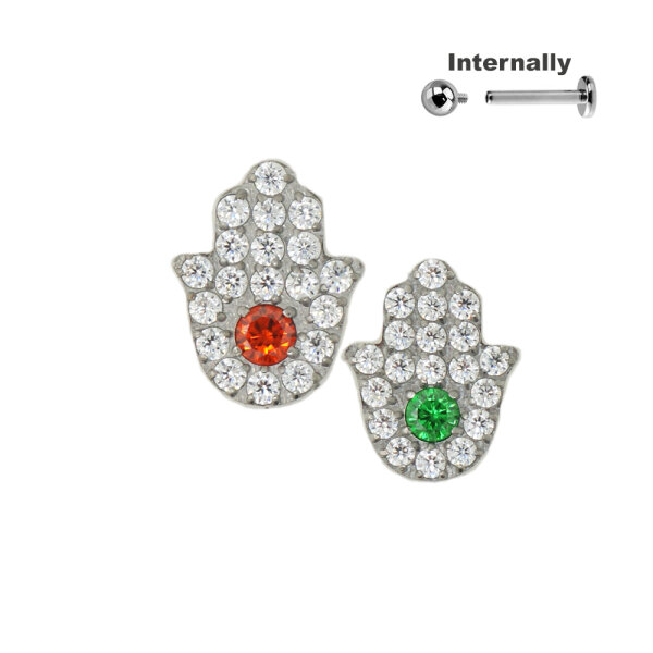 Hamsa Hand CZ Stones Top for Internally Threaded Labret