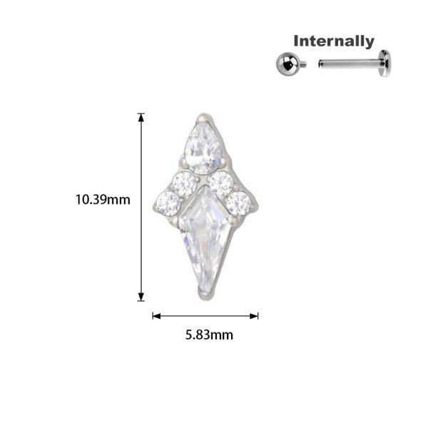 Titanium Diamond Shaped Crystal Top for Internally Threaded Labrets