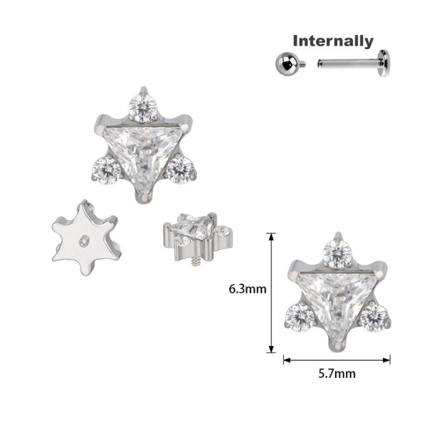 Titanium Triangle CZ Stone Star Top for Internally Threaded Labrets