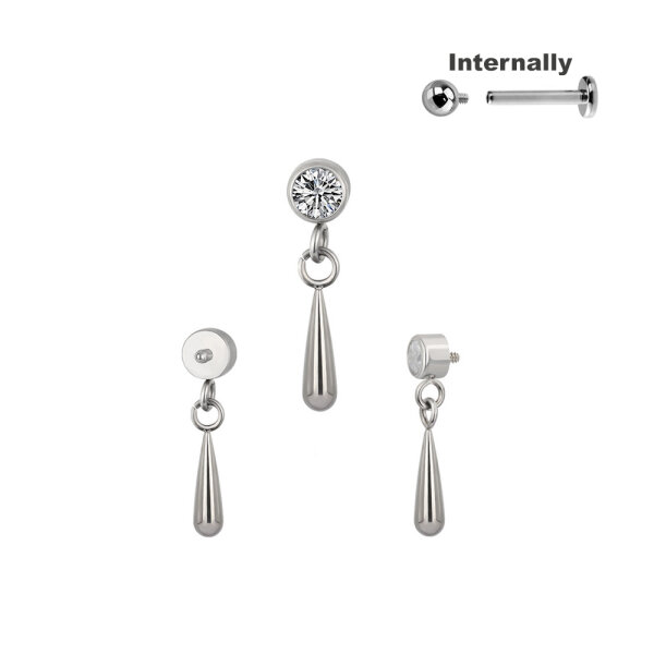 Titanium CZ Stone Top with Cone Dangle for Internally Threaded Labrets