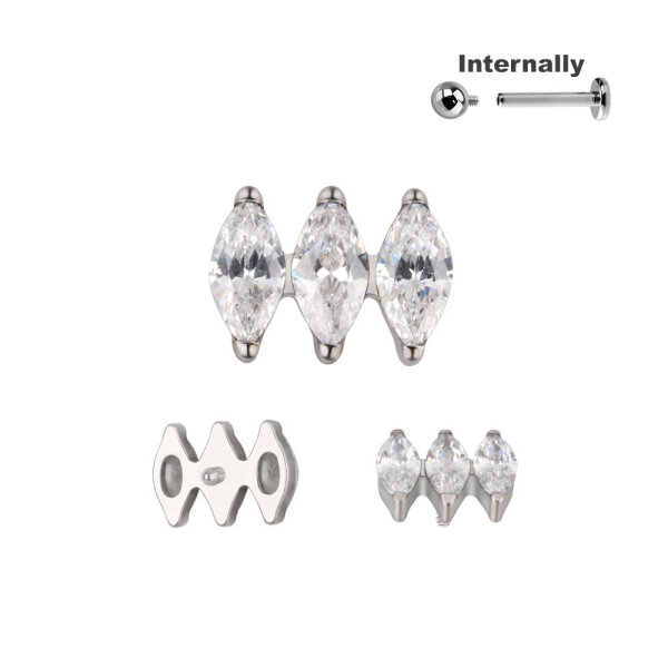 Titanium 3 Marquise CZ Stones Top for Internally Threaded Labrets