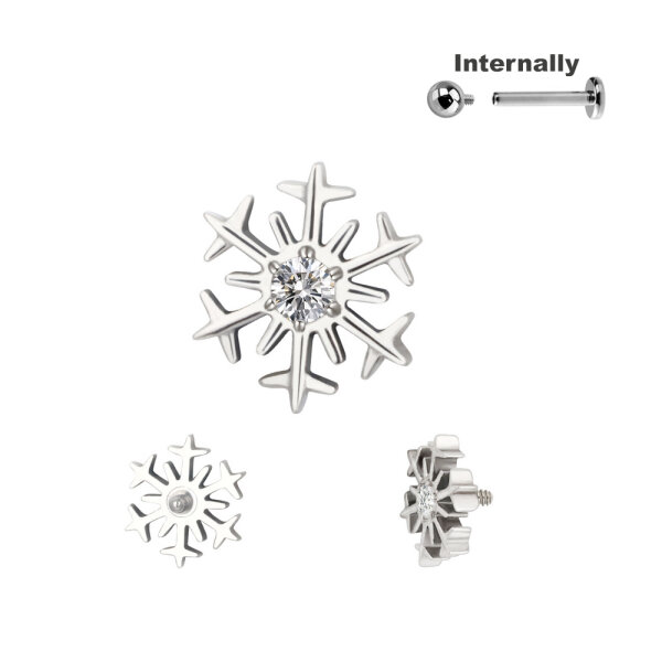 Titanium Snowflake with CZ Stone Top for Internally Threaded Labrets