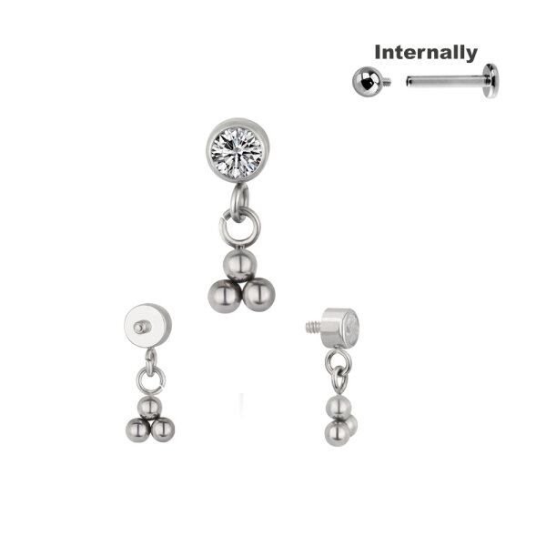 Titanium CZ Stone Top with 3 Ball Dangle for Internally Threaded Labrets