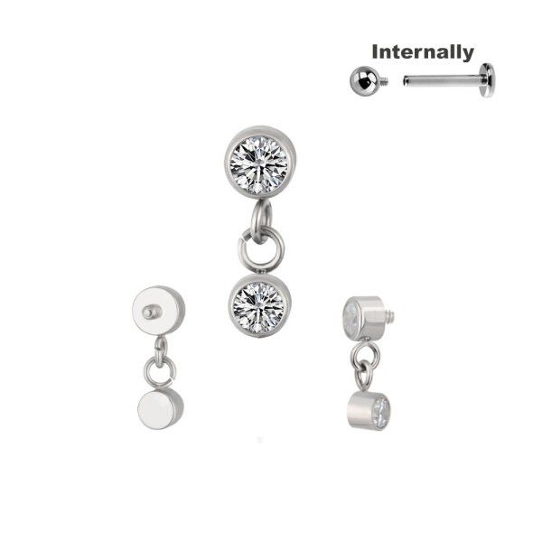 Titanium CZ Stone Top with Dangle for Internally Threaded Labrets