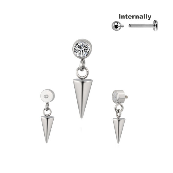 Titanium CZ Stone Top with Spike Dangle for Internally Threaded Labrets