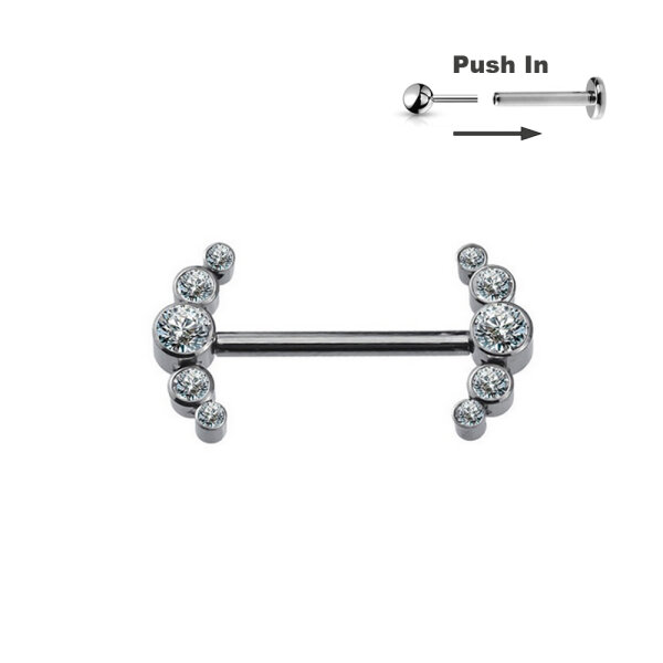 Titanium Barbell with curved 5 CZ Stones Threadless Push in Pins