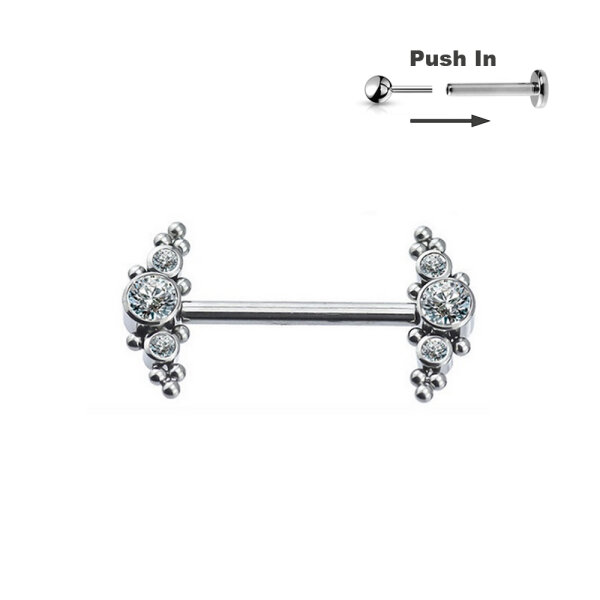 Titanium Barbell with curved CZ Stones and Balls Threadless Pins