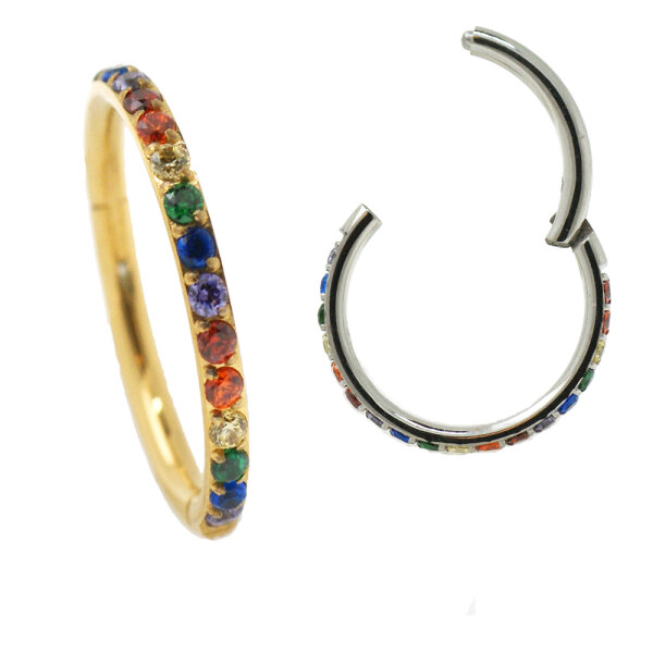 1,2mm Outer Rainbow Jewelled Hinged Segment Clicker Ring 1,2x8mm Gold