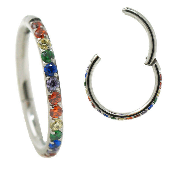 1,2mm Outer Rainbow Jewelled Hinged Segment Clicker Ring 1,2x8mm Steel