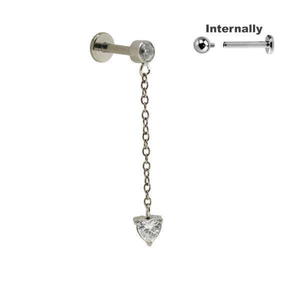 Titanium CZ Stone Top with Heart Dangle for Internally Threaded Labrets