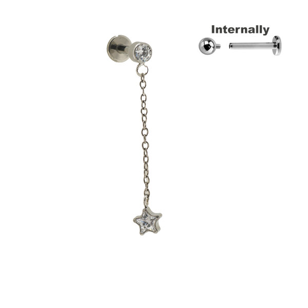 Titanium CZ Stone Top with Star Dangle for Internally Threaded Labrets