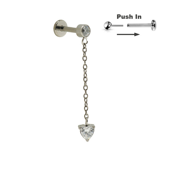 Titanium CZ Stone Top Heart Dangle Threadless Push in Pin