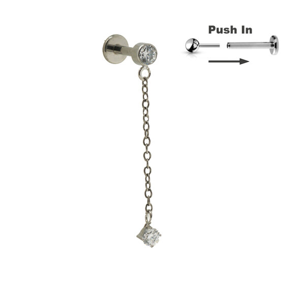 Titanium CZ Stone Top Round Dangle Threadless Push in Pin