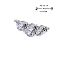 3 Round CZ Stones and Gems Threadless Push in Pin