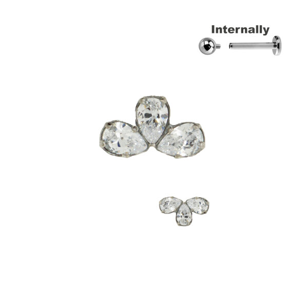 Trilple Tear Drop CZ Stones Bar for Internally Threaded Labret